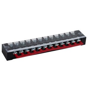 Main product image for 35A Barrier Terminal Block 12 Position Dual Row Screws 12 Pitch with Cover and Red Jumper090-818